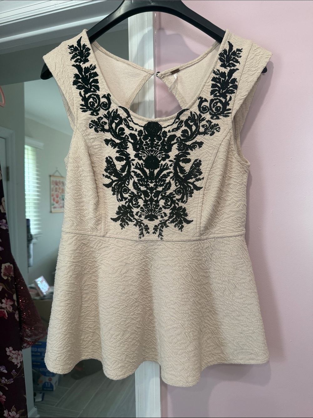 FP Cap sleeve Cream Peplum Top with Black Felt Motif